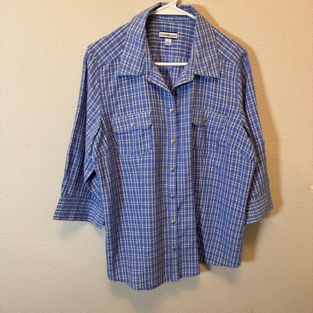 Croft & Barrow Women's Blue Plaid Button Down Shirt‎ Size L 3/4 Sleeve Casual